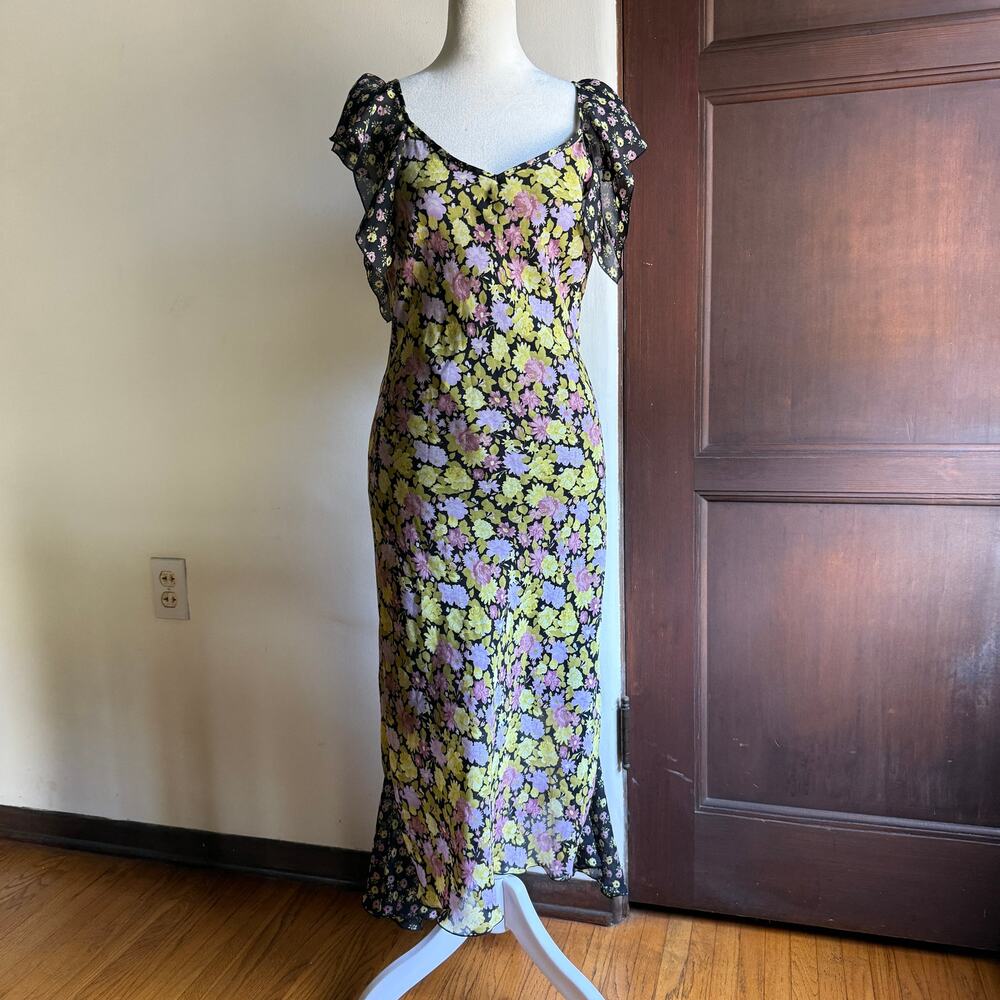 NAF NAF | Black Floral Y2K Bias Cut Flutter sleeve Midi Dress | 36 / Size 8